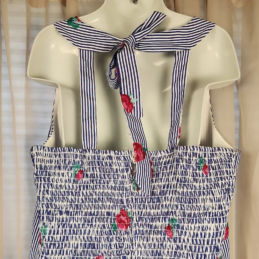 AMY BYER | Blue White Striped Easter Dress‎ Pink Floral Embroidery Accents | 16